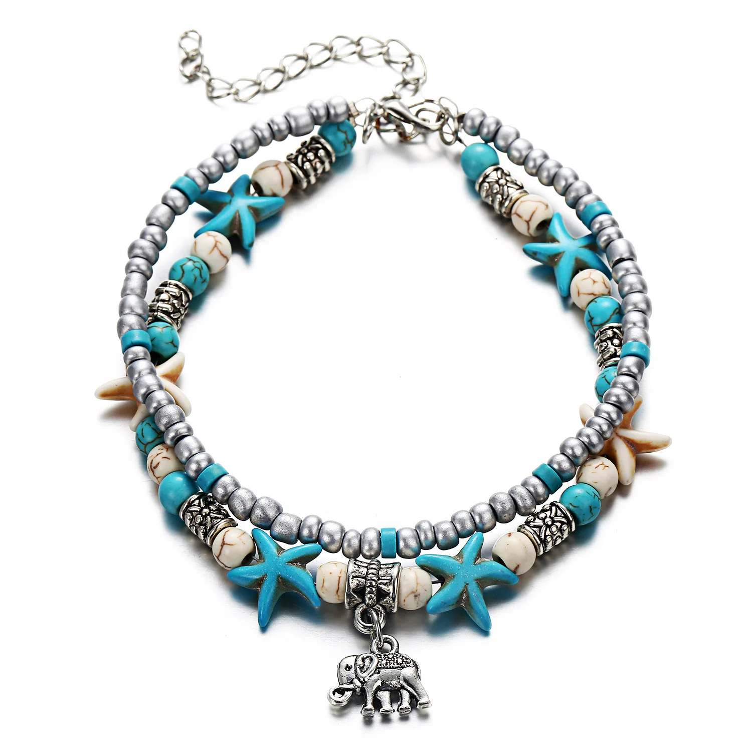 

Neue Mode Strand Schmuck Doppel Schicht Elefant Anhnger Perlen Fukettchen Fu Kette Knchel Armband Schmuck Frauen