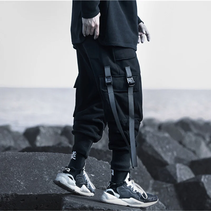 

Hop Hip Cargo Pants Men Streetwear Joggers High Street Casual Ribbon Pockets Male Streetwear Black Harajuku WB026