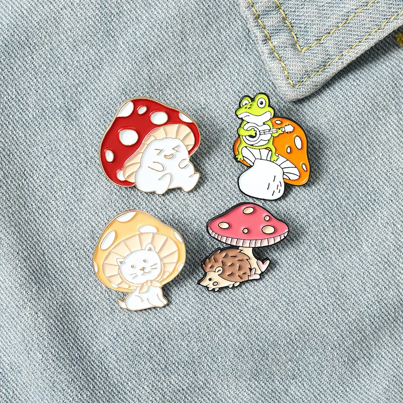 

Cartoon Cute Mushroom Enamel Pins Custom Funny Guitar Frog Hedgehog Brooches Bag Lapel Pin Badges Plant Jewelry Gift for Friends