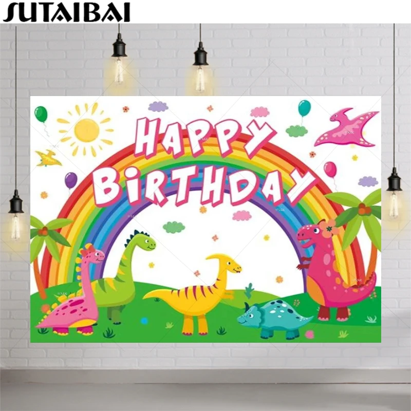 

Child Happy Birthday Party Background Dinosaurs Rainbow Balloons Cartoon Baby Shower Backdrop Photography for Photo Studio Props
