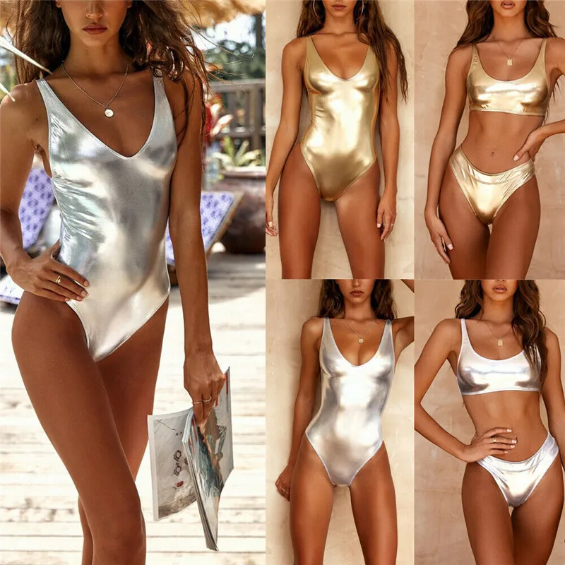 

Sexy Shiny Women Swimsuits Gold Silver Metallic Leather Scoop Neck Bathing Suit Bikini Set Summer Swimwear For Women Beachwear