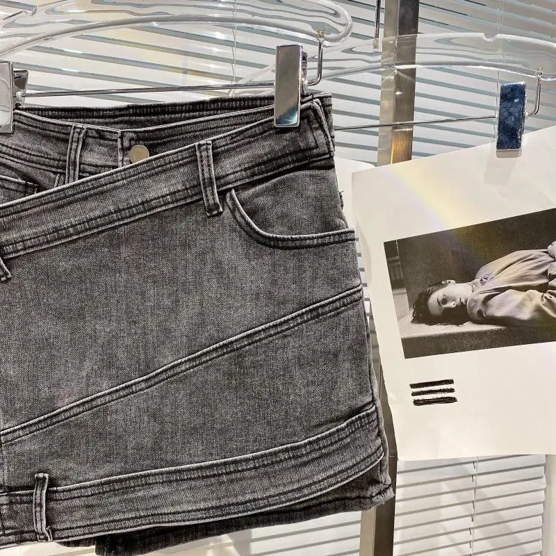 

2021 Summer New Folding Cross Asymmetric Jean Pants for Female All-Match Solid Color Distressed Slimming Denim Shorts Ladies