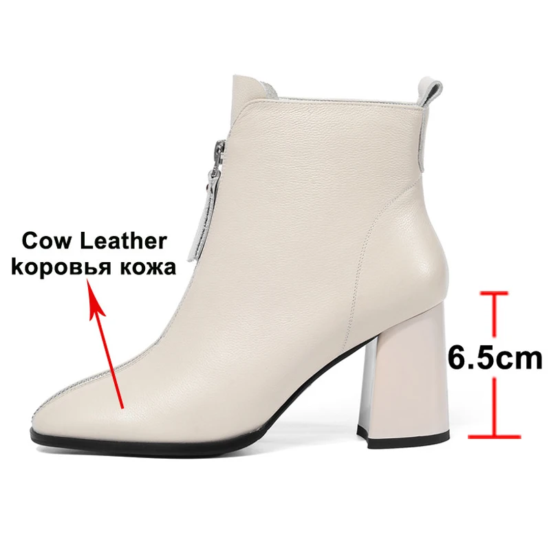 Meotina/Зимние ботильоны; женские полусапожки из натуральной кожи на высоком квадратном каблуке; обувь из коровьей кожи на молнии; Женская Осенняя обувь; размеры 34-39