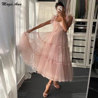 magic awn simple pink short prom dresses spaghetti straps tiered tulle tea length wedding party dress evening wear robes
