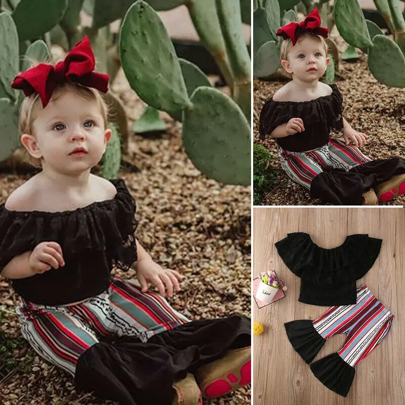 2 шт. кружевная футболка с открытыми плечами и длинные брюки клеш|Комплекты