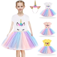 1 8 years girls dresses kids cartoon vestidos children 2021 summer dress kids dress for girls short sleeve unicorn dresses 3 pcs