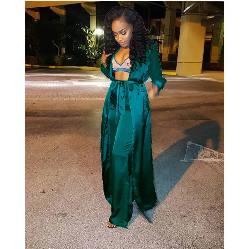 Костюм-кимоно Женский атласный длинный с широкими штанинами золотистый |