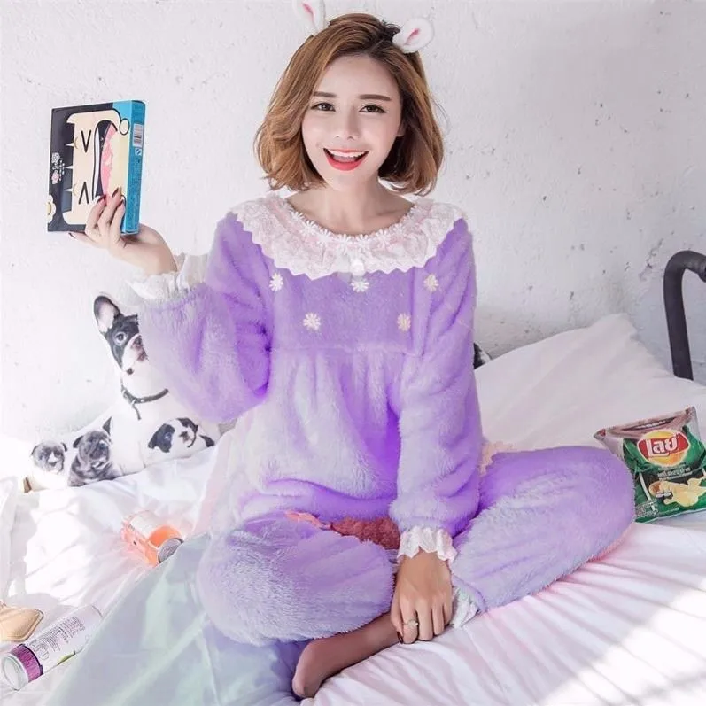 

Winter Pajamas Set For Women Two Piece/suit Flannel Thick Warm Top and Pants Pink Cute Thick sleepwear Pajama Suit Home Suit