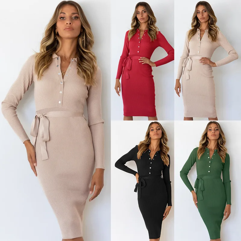 

Mid Length Hedging Knitted Dress Autumn Winter New Long Sleeved Slim Dress Sashes Women Clothing Green Red Apricot Black