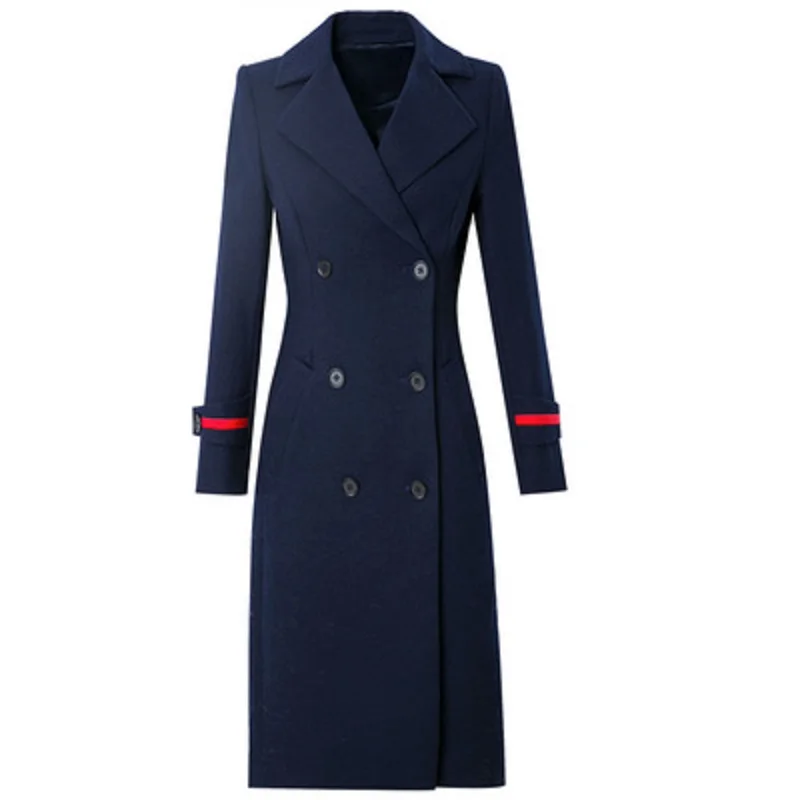 

2020 New Solid Thickening Woolen Coat Women's Medium Length Autumn Winter Fashion Slim Double Breasted Overcoat Plus with Pocket