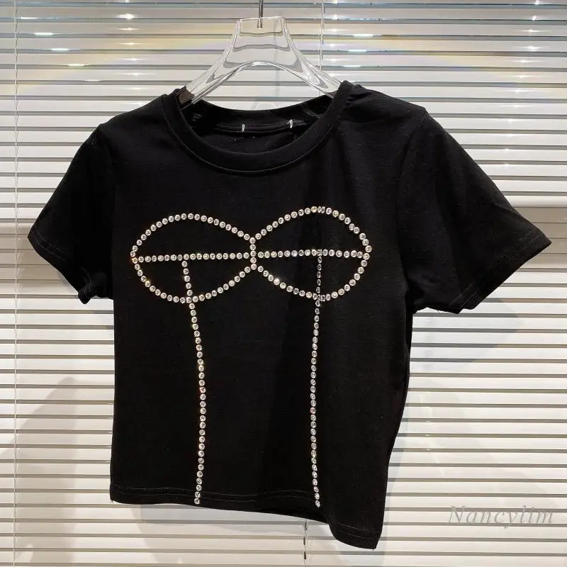 

Slim Fit Tshirt Women 2021 Summer New Bra Pattern Shiny Large Particle Rhinestone Short Sleeve T-shirts White Black Crop Top