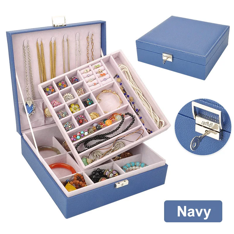 

Dual-Layer Jewelry Storage Box Large Flannel Square Jewelry Box Simple Layout Makeup Organizer Choker Ring Necklace Storage Case
