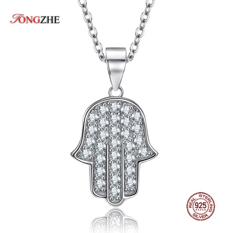 Длинное ожерелье TONGZHE из стерлингового серебра 925 пробы, подвеска с амулетом Хамса, ожерелье с кубическим цирконием на удачу, женское ожерелье с рукой Фатимы