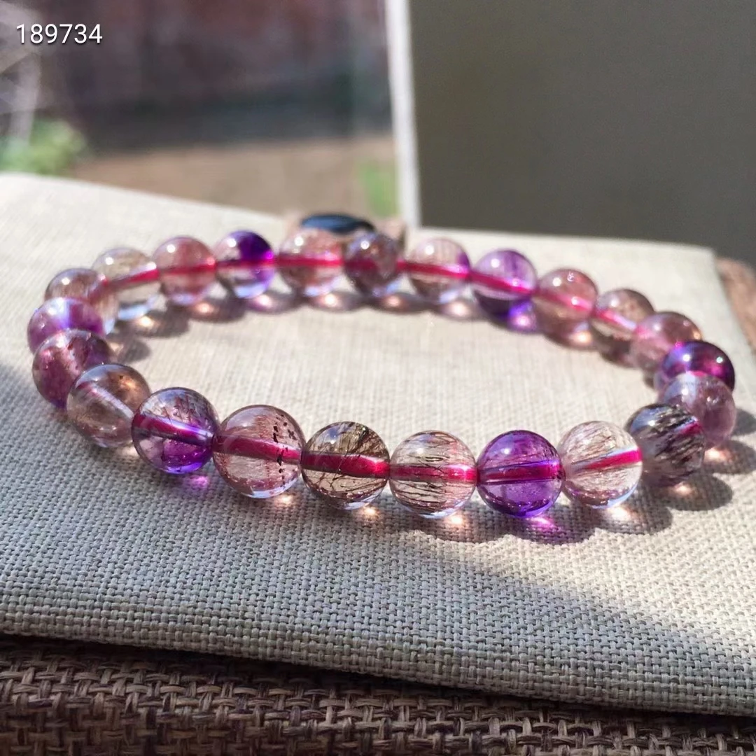 

7.5mm Genuine Natural Super Seven 7 Red Lepidocrocite Quartz Bracelet Clear Round Beads Stretch Crystal AAAAAA