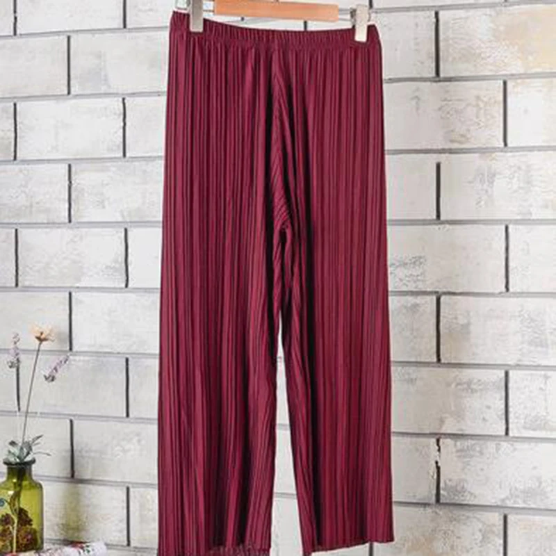 

Женские летние брюки для девочек, тонкие плиссированные Широкие штаны, Стрейчевые шифоновые брюки, модная одежда, подарки, однотонные, шесть цветов, один размер