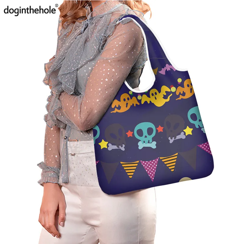 

Doginthehole Halloween Funny Grocery Bags For Shopping Skull Ghost Print Shopper ECO Bag Elastic Large Capacity Handbag 2pcs Set