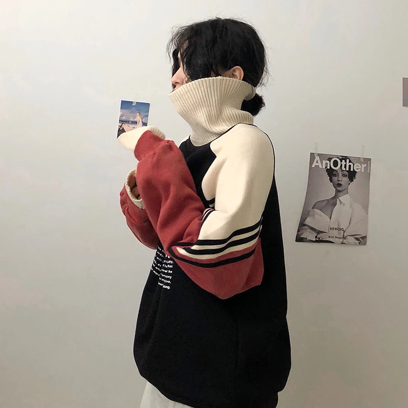 

2020 Hoodie Sweatshirt Women Winter Oversize Tops Fashion Pattern Printed Sweatshirt Autumn Turtleneck Outerwear Warm Pullover