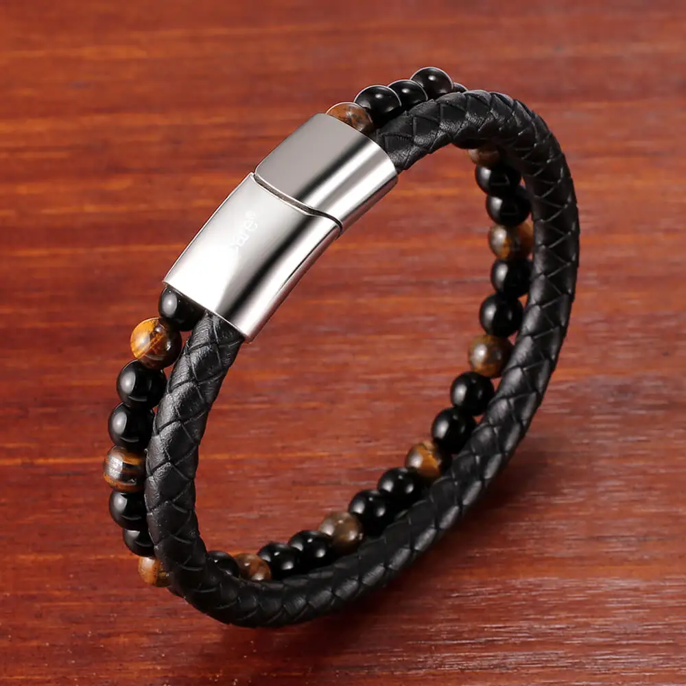 Мужской кожаный браслет ручной работы Moocare плетеный из нержавеющей стали с
