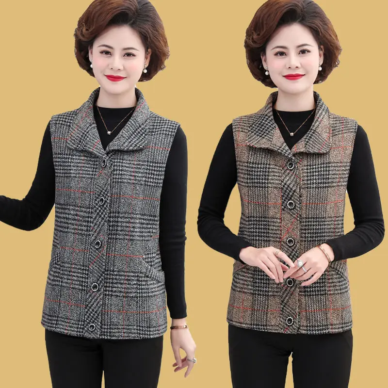 

2022 Autumn Winter Middle Aged and Elderly Women Plaid Waistcoat Jacket Lapel Slim Sleeveless Coat Casual Vest Top F58