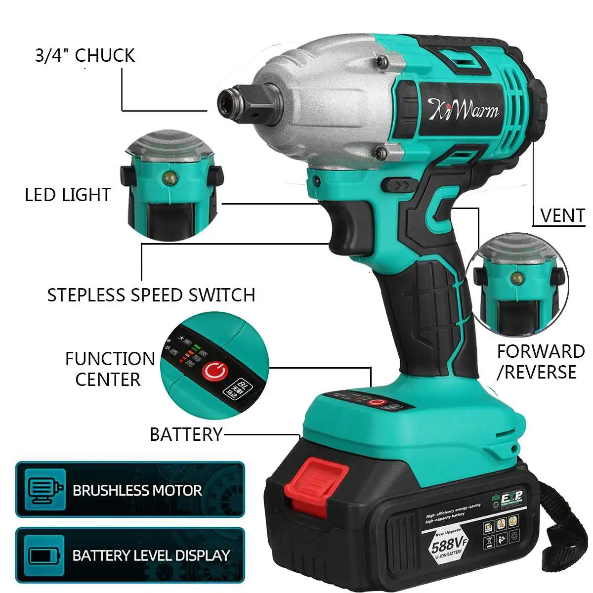 588VF 2000N.M Brushless Cordless Electric Impact Wrench 1/2 Inch Power Tools 2Pcs High Capacity Battery For Makita 18V Batterry |