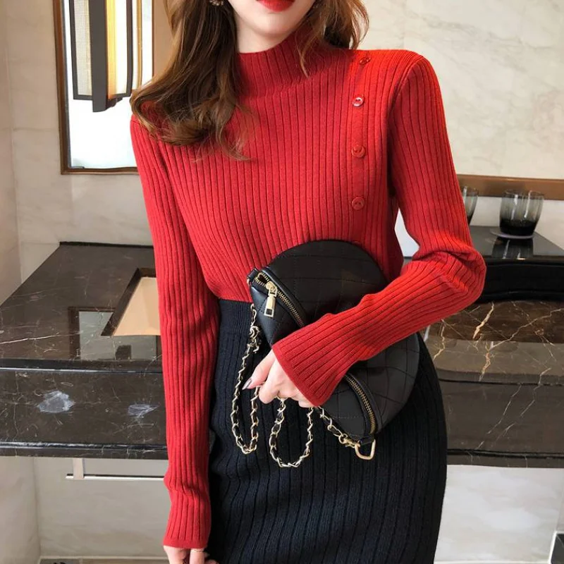 

Autumn Winter Full sleeve Button Turtleneck Ladies Pullovers elastic Slim Ladies Jumpers Women Soft Wool Split hem sweaters