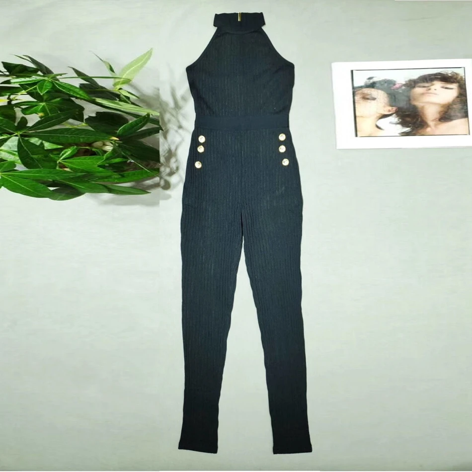 

2019 New Bandage Jumpsuit Sexy Button Backless Zipper Fashion Black Halter Solid Bodycon Verano Clubwear Good Quality Wholesale