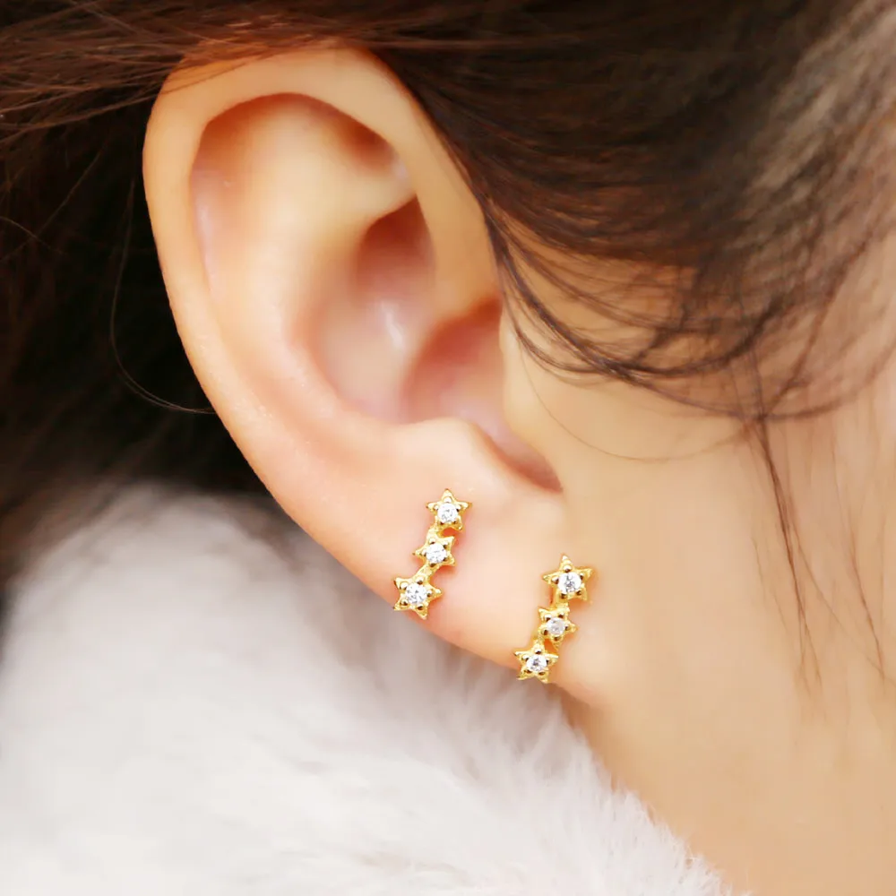 Настоящее серебро 925 пробы серьги гвоздики золотистого цвета со звездой и леской