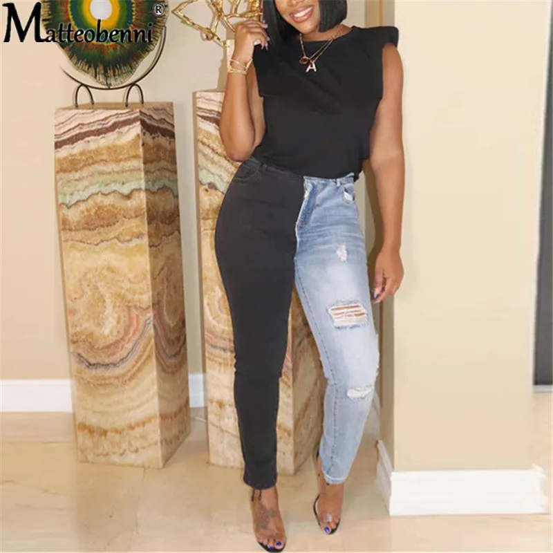 

Женские джинсовые брюки в стиле пэчворк, повседневные пикантные джинсы в стиле ретро, рваные брюки-карандаш, уличные облегающие брюки с выс...