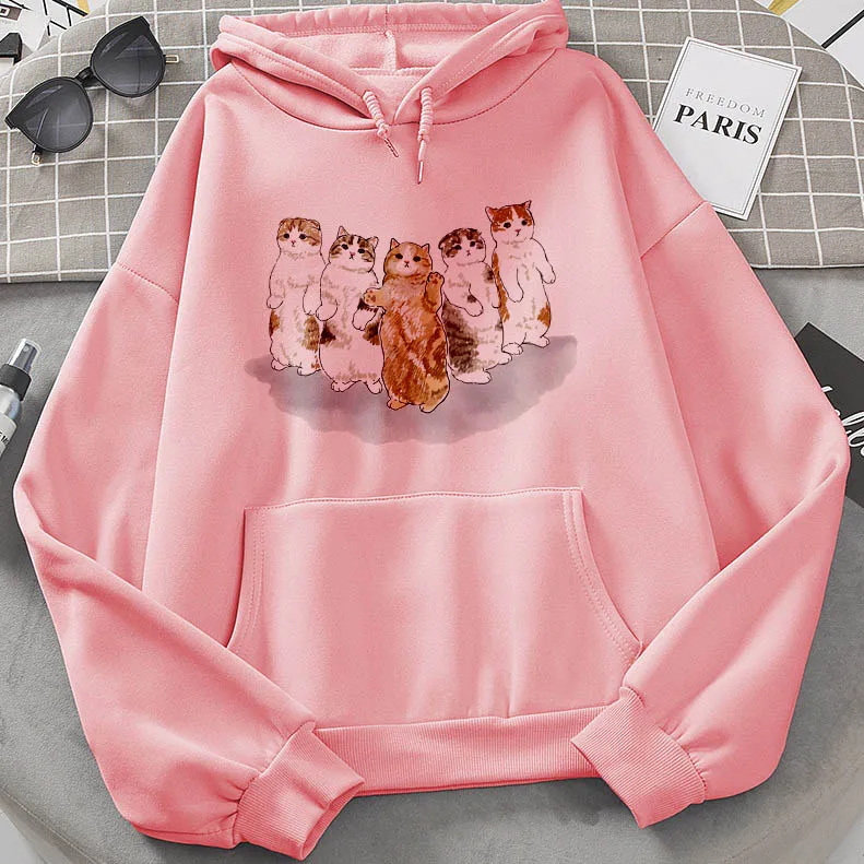 

Kawaii Cat Printed Womens Loose Streetwear Sweatshirts Hoodies Women Hooded Simple Leisure Oversize Pullovers Korean Style Warm