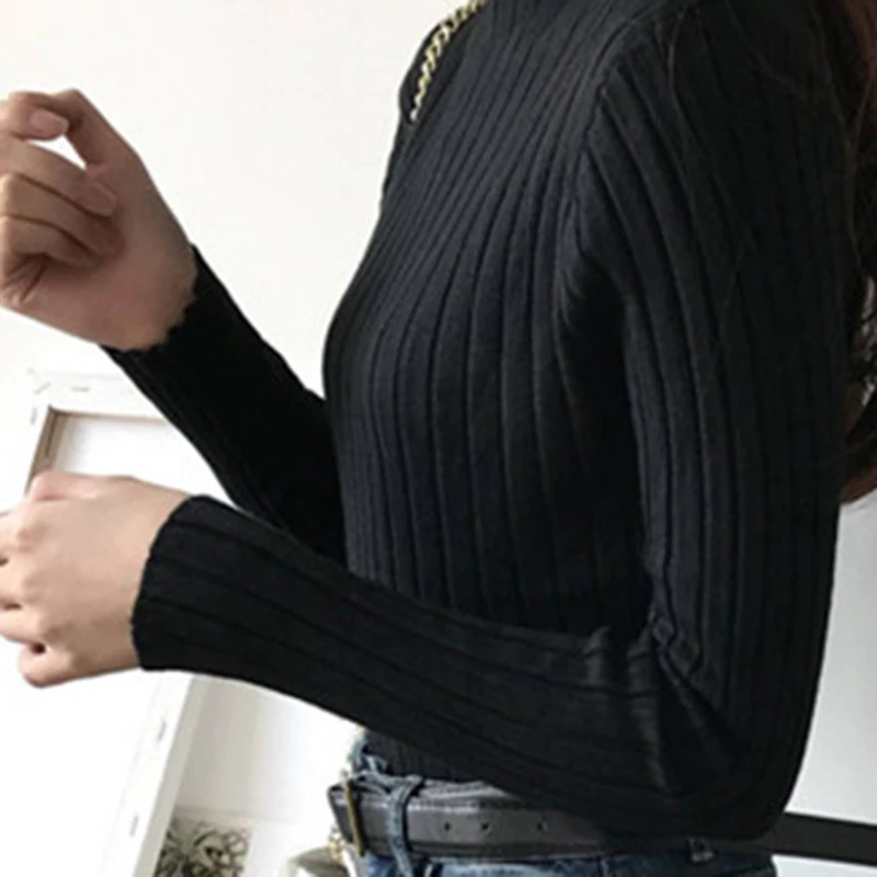 Женский свитер с высоким воротником черный вязаный пуловер длинным рукавом