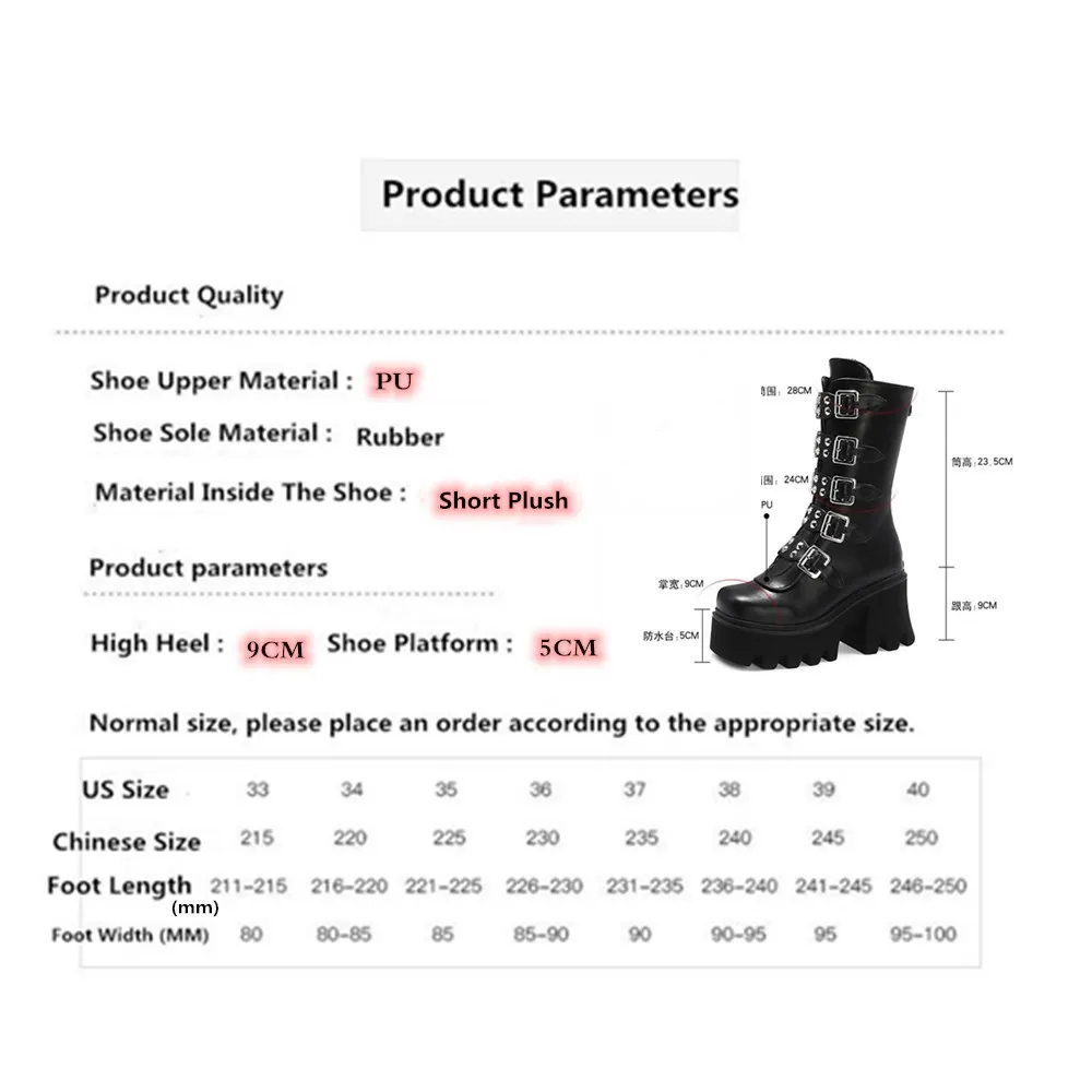 

Thick Bottom Shoes For Women Punk Rock Metal Buckle Strap Mid-Calf Boots Elegant Chunky Sole Runway Party Cowboy Knight Boots