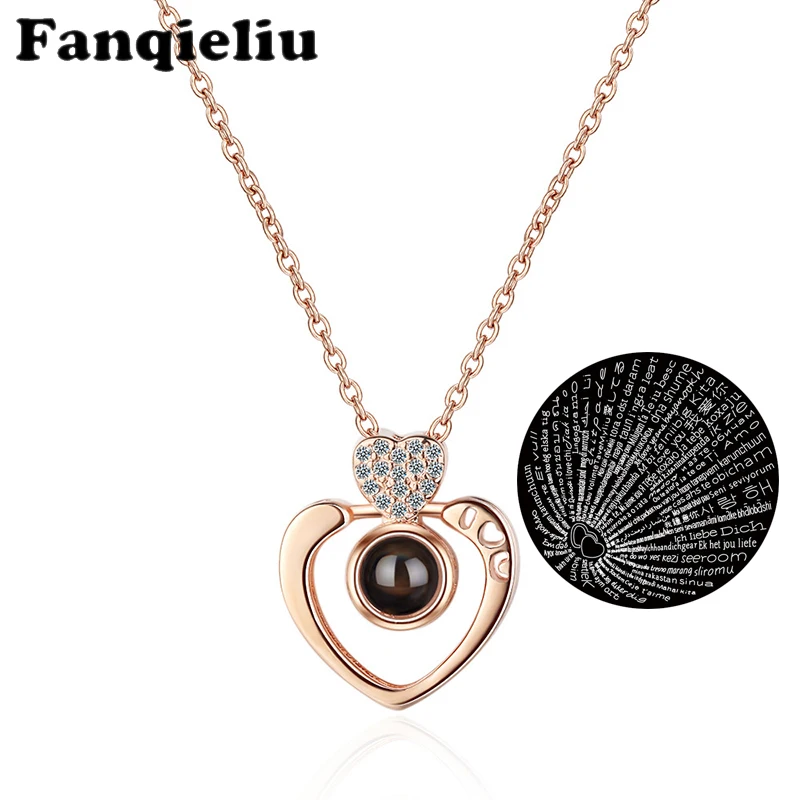 

Fanqieliu One Hundred Languages Microcarving Heart Crystal Pendant Necklace For Women Rose Gold Chain Necklaces Fashion FQL20040