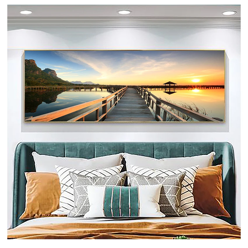

Posters and Prints Canvas Painting Cuadros Scandinavian Wall Art Picture for Living Room Sunsets Bridge Wooden Lake Landscape