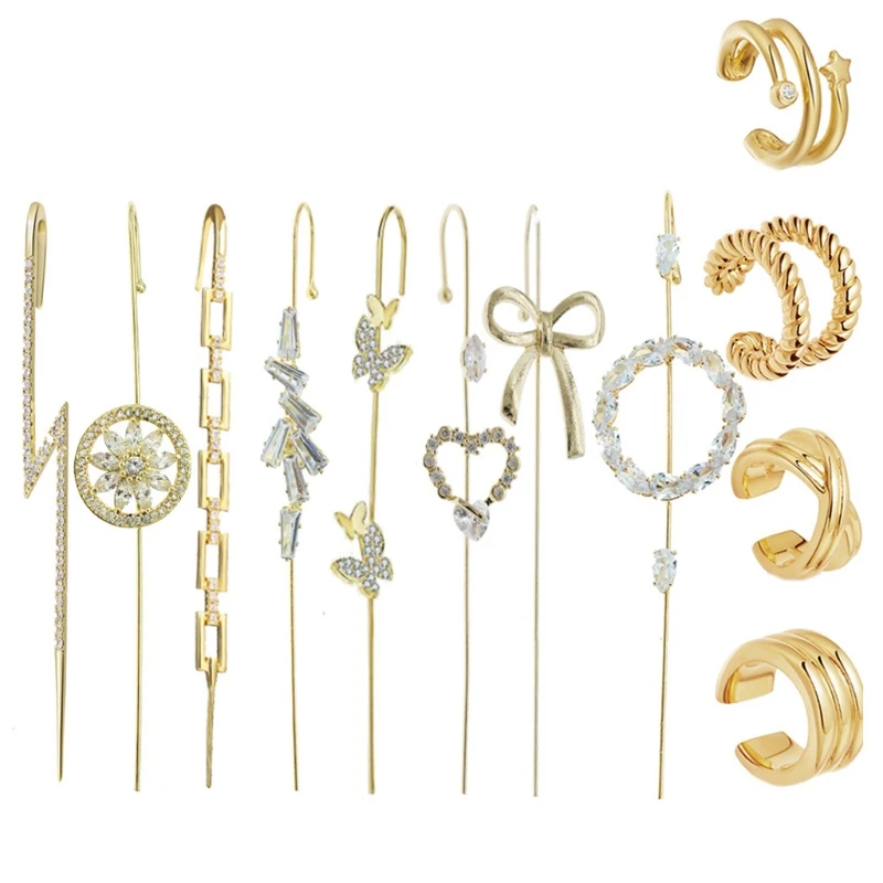 

Golden Ear Cuff Wrap Crawler Hook Earrings Kit Rhinestone Piercing Stud Earrings R2LE