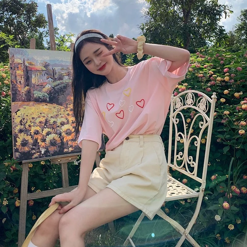 

100% Cotton Tee Shirt Femme 2021 Heart Print Camisetas De Mujer Fashion Summer Top Female MINGLIUSILI Casual T Shirt Women