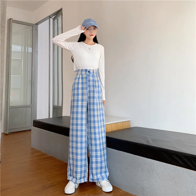 

Plaid Women Pants Elastic High Waist Korean Fashion Plus Size Loose Spring Ladies Full Straight Pants Casual Trousers