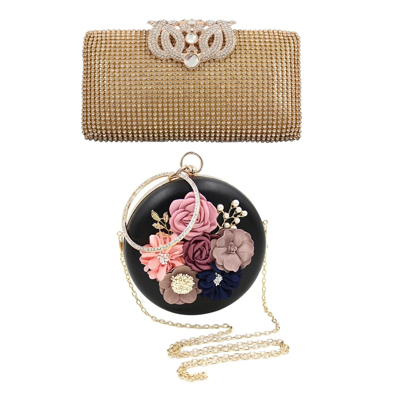 

1Pcs Dazzling Rhinestone Encrusted Evening Bag Clutch Purse Party Bridal Prom & 1Pcs Flower Clutch Bags Round Shape Wedding Part