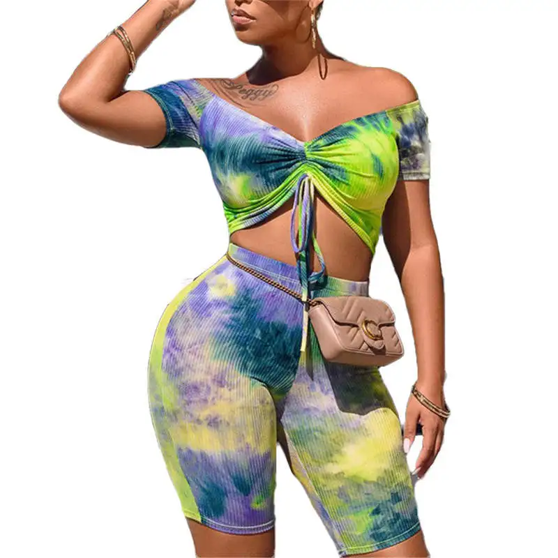 

2020 Tie Dye Short Sleeve Crop Tops and Biker Shorts Two Pieces Set Summer Women Streetwear Ribbed Outfits Tracksuits