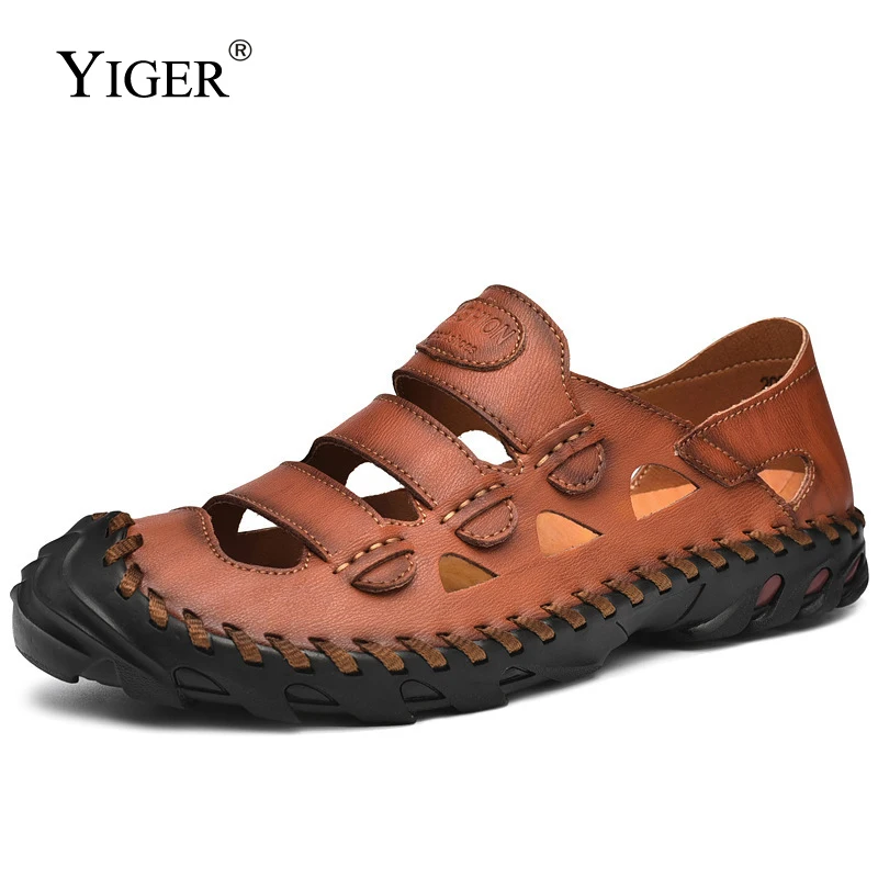 Мужские пляжные сандалии YIGER кожаные босоножки без шнуровки большие размеры цвет