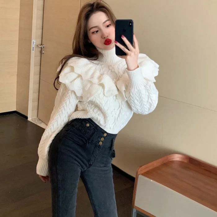 

Женский свободный трикотажный свитер с высоким воротником, новинка зимы 2020, универсальный свитер корейской тяжелой промышленности с ушным...