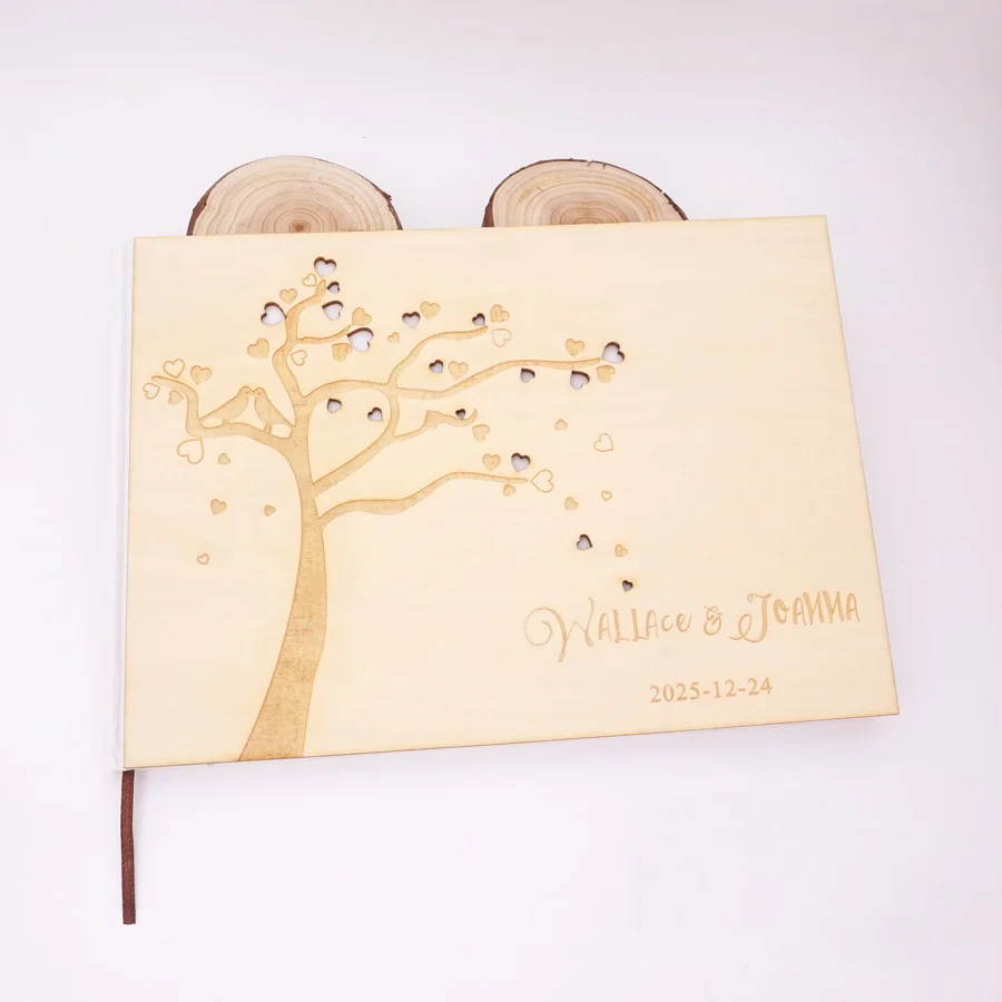 

25x18cm Personalized Heart Tree Wooden Cover Custom Engraved Name Wedding Signature Guest White Blank Book Party Favors