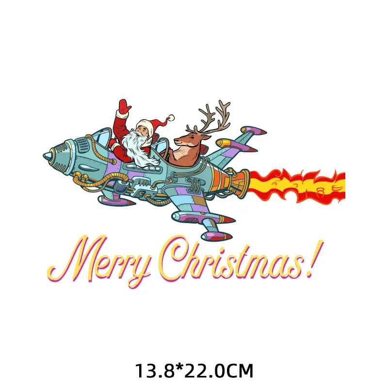 

Santa Claus In Plane Iron on Letters Patches Tranfer Sticker for Cloth Printed DIY Elk Thermo Stickers on T Shirt Stripes Badge