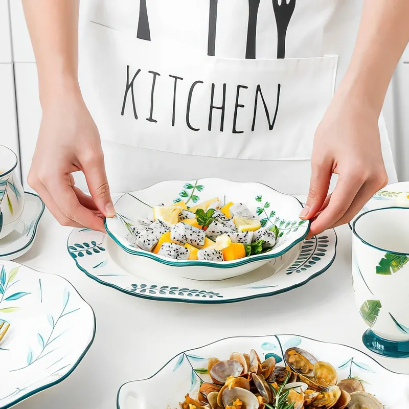 

Ceramic Tableware Nordic Green Plants Round Lace Bowl Plate Spoon Dish Cup Bone China Dinnerware Household Kitchen Supplies