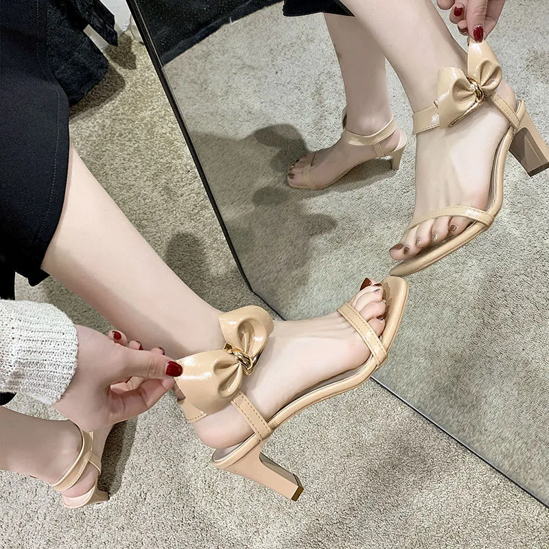 

Rimocy Sweet Bow Square High Heels Sandals for Women 2021 Fashion Ankle Buckle Summer Sandalias Woman Open Toe Shoes Female