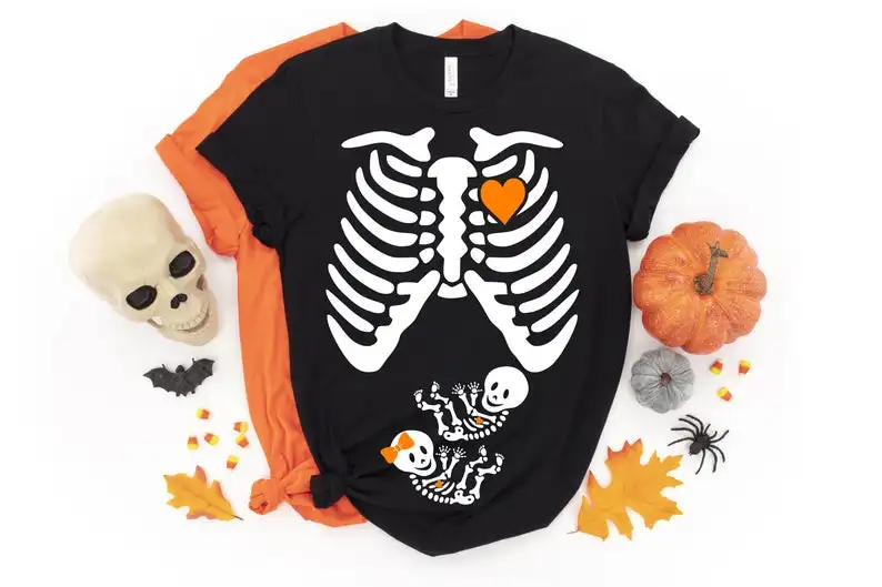 

Skeleton Maternity Halloween pregnancy t-shirt Fashion 100% Cotton O Neck Female Clothing Plus Size Casual Shirts Streetwear y2k