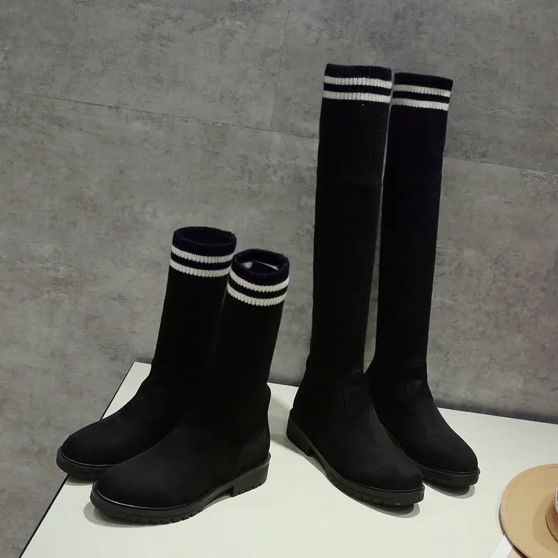 

2021 Women's Fashion Socks Shoes Slimming Stretch Top High Boots Woolen Boots Ladies Over the Knee Boots Low Heels Size 34-43