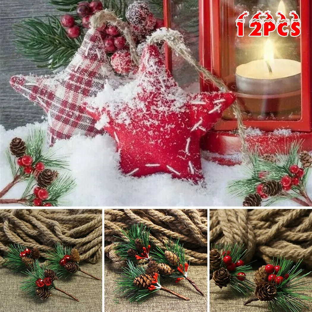 

12 Artificial Flower Christmas Green Red Berry Pine Cone Holly Branch Home Decoration Xmas New Year Decoration 2022