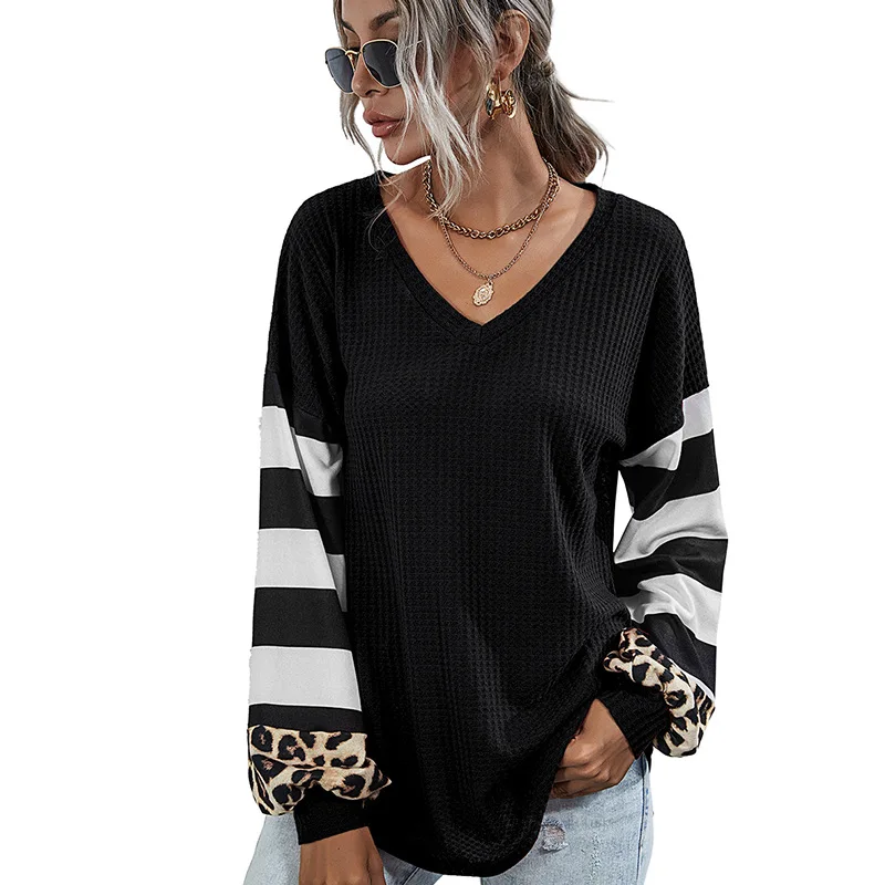 

2021 New Women's Striped Splicing Long Sleeve T-shirt Women's Autumn And Winter