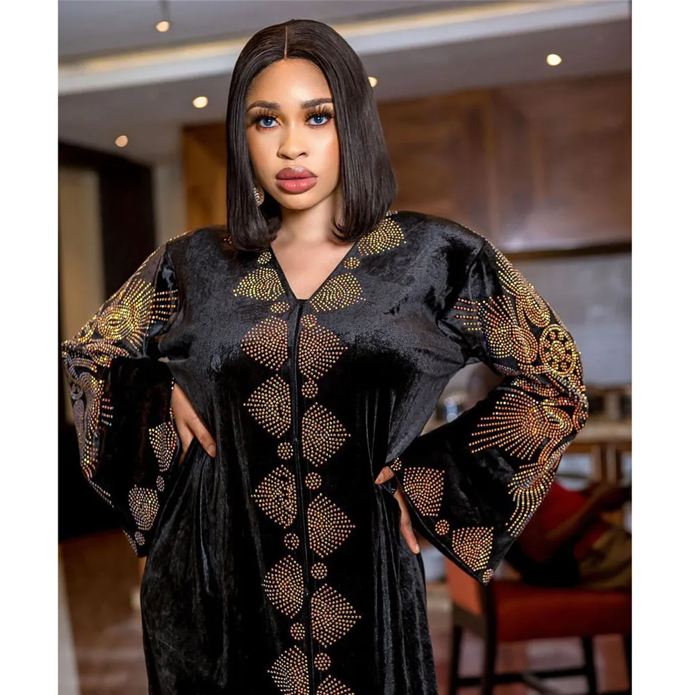 

Nigeria Africa Women Velvet Dress Hot Drilling Flare Sleeve African Dresses Kanga Clothing V-neck Muslim Islam Maxi Robe Fashion