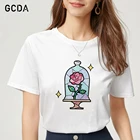 Летняя одежда, повседневная женская футболка в стиле хип-хоп с круглым вырезом, уличная одежда, футболка с принтом красавицы и чудовища розы, Милая футболка